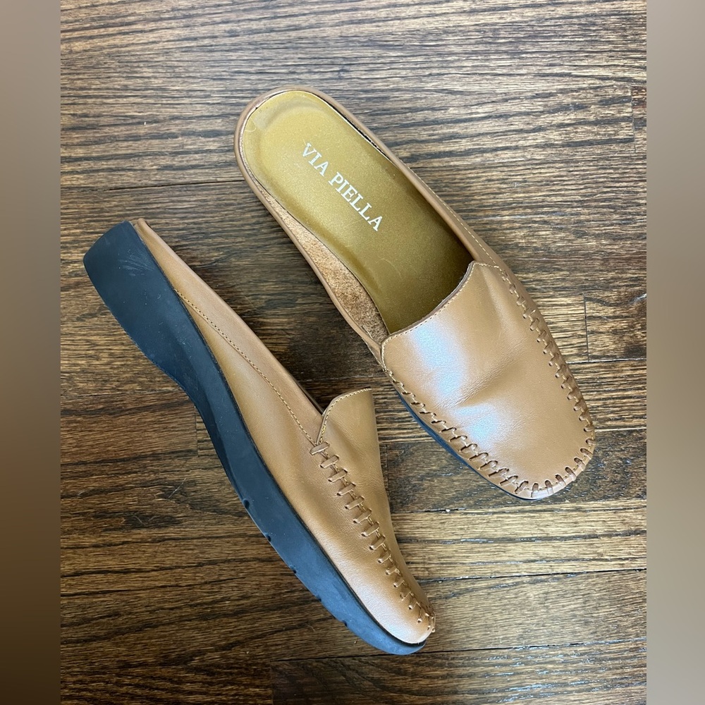 Via Piella Brown Slip On Loafer Mules Brazil Leather 35316 7 Narrow EUC